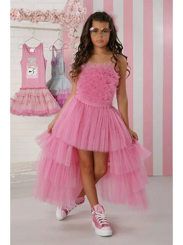 Girls Candy Pink Tulle High Low Piaf Skirt Set Outfit, Sizes 12M-14
